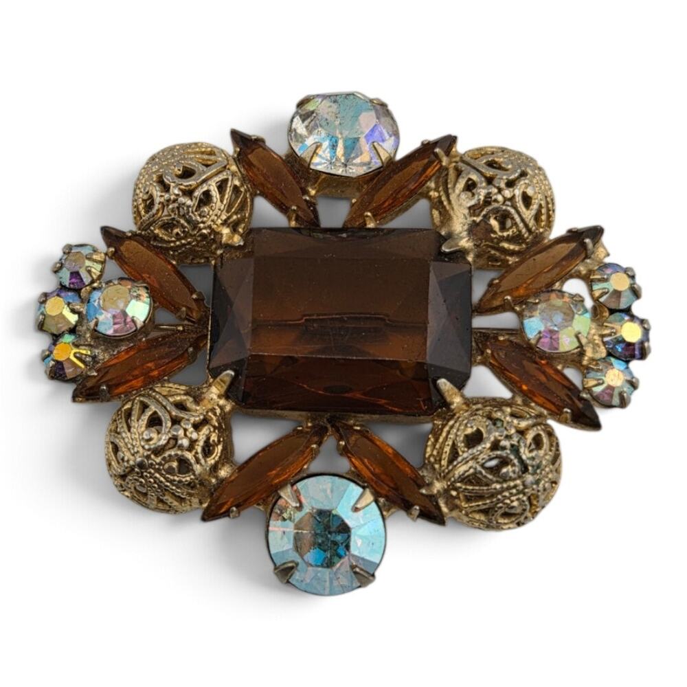 Vintage 1950s Brooch Smoky Brown Rhinestone AB Crystal Filigree Statement Pin